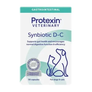 Supliment probiotic și prebiotic de înaltă concentrație, conceput pentru flora intestinală la câini și pisici, Protexin Synbiotic D-C, 50 capsule
